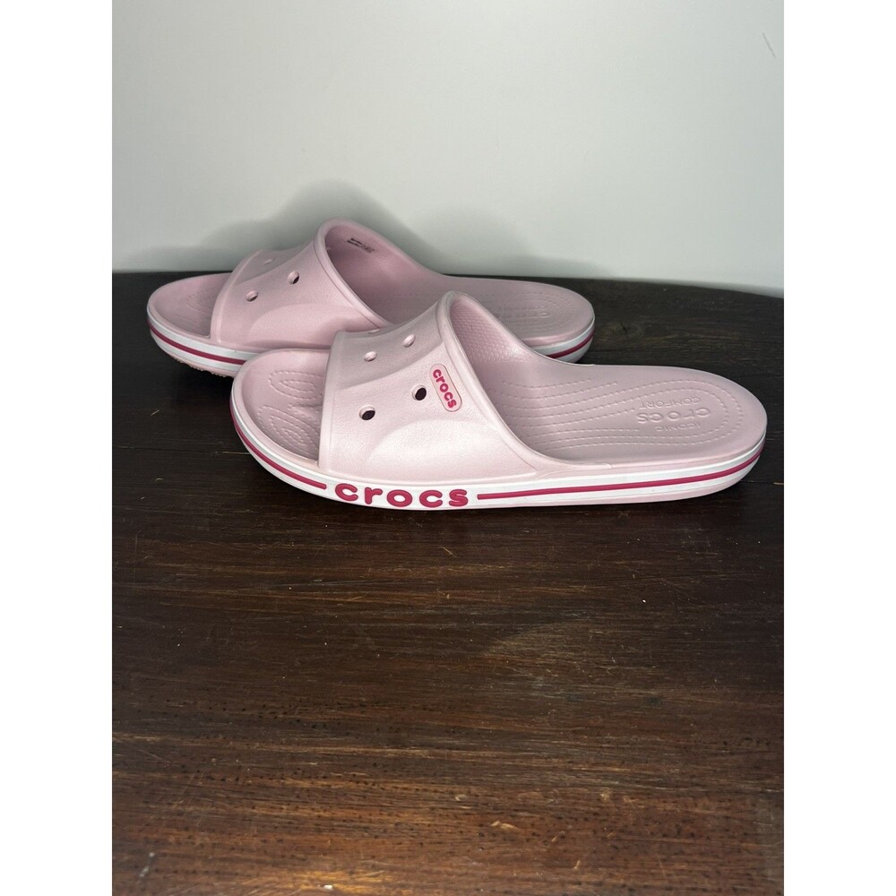 CROCS Women 9, Men 7 Bayaband Pink / White Raised Crocs Logo Slide Sandals